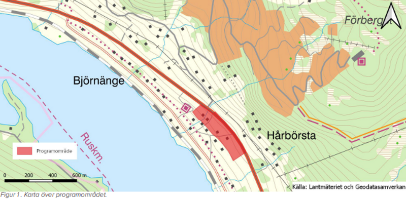 En karta över Björnänge med ett område markerat i rött som visar programområdet.