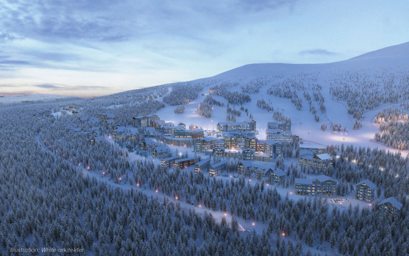 En illustrationsbild över visionen av Rödkullen med byggnader och skidområde.