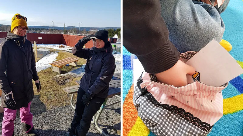Två personer som står bredvid varandra utomhus. I bakgrunden ser man gräsmatta som börjat tina fram men det finns fortfarande partier med snö kvar.