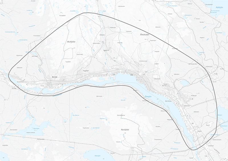 En karta över ett område där en  markering avgränsar en del av området.