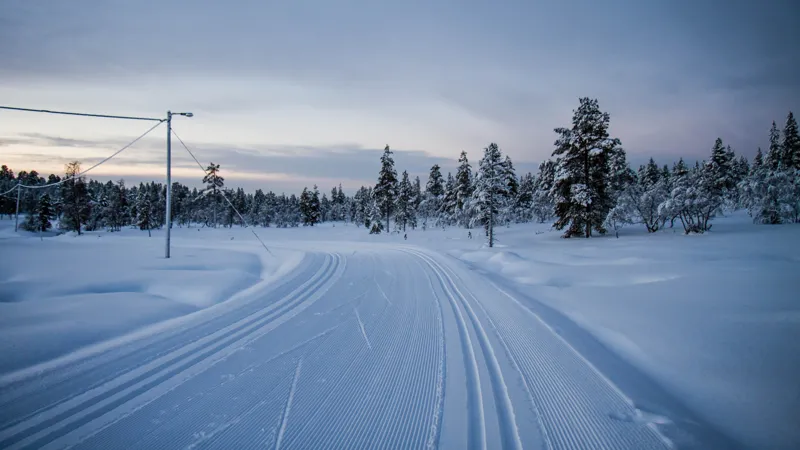 Ett nypistat elljusspår med två nydragna längdspår i ett snötäckt landskap.